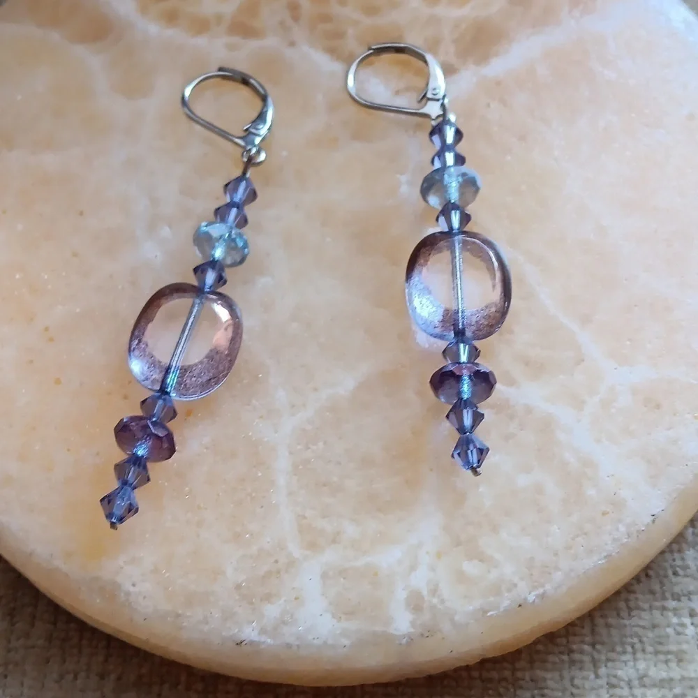 Leverback Purple Beaded Dangle Earrings